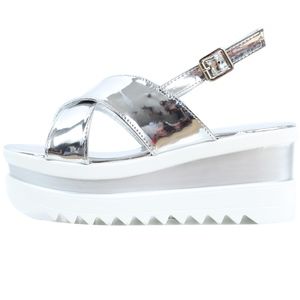 Silver Shimmer Open Toe Criss Cross Slingback